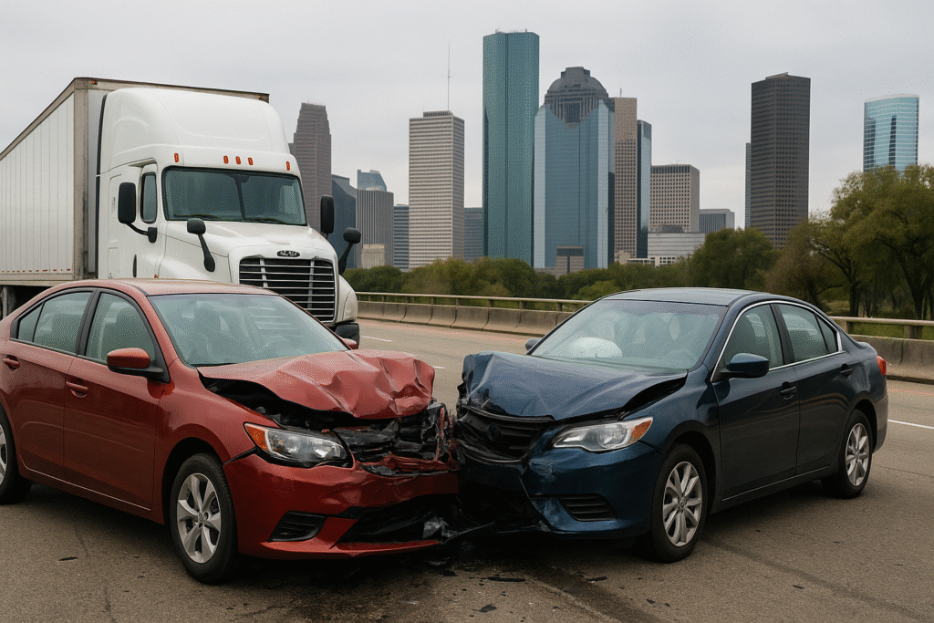 Image Of Two Cars That Have Hit Each Other With Houston In The Background
